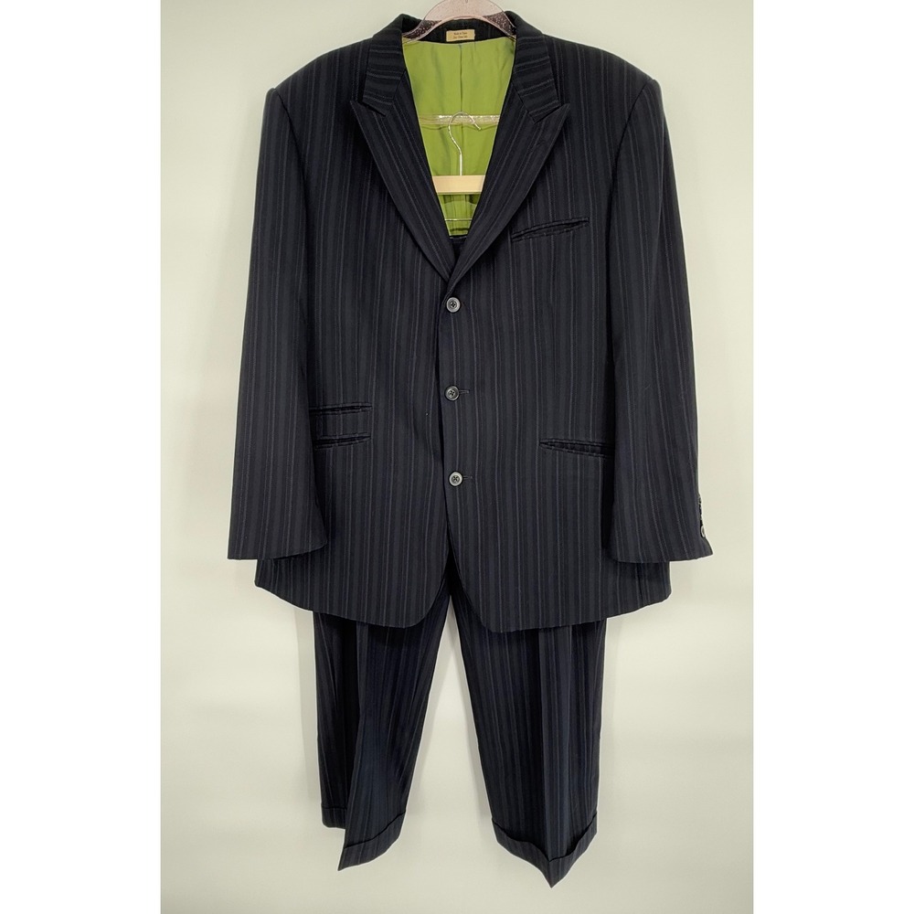 Cubavera Mens Pinstripe Suit Sz 44R‎ Navy Blue Green Lining Business